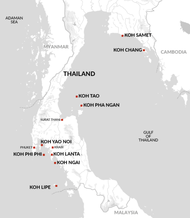 Map of southern Thailand's best islands, Asia